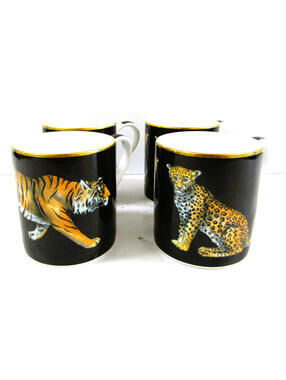 Set Four Halcyon Days Magnificent Wildlife Two Tiger and Two Twin Leopard Mugs
